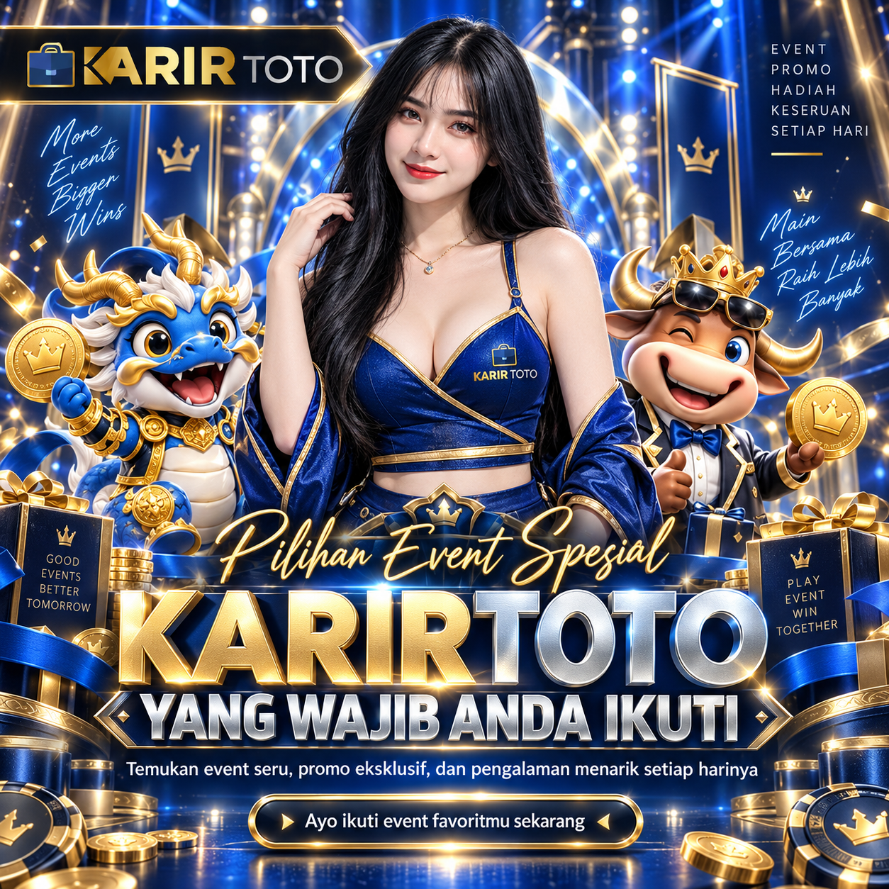 Poster Pilihan Event Spesial KARIRTOTO dengan model, maskot, dan dekorasi biru, silver, serta emas